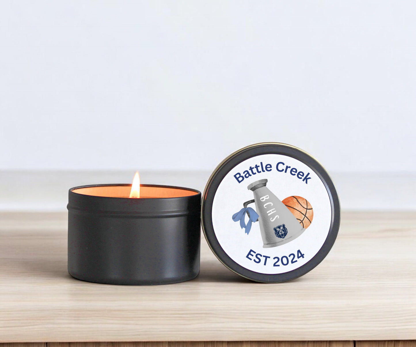Battle Creek High School Basketball Cheer - Black Tin 8oz Candle Set of 6