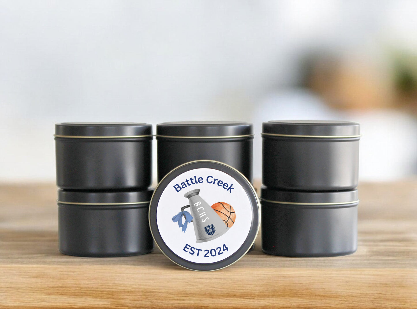 Battle Creek High School Basketball Cheer - Black Tin 8oz Candle Set of 6