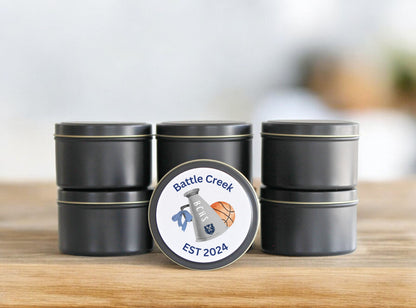 Battle Creek High School Basketball Cheer - Black Tin 8oz Candle Set of 6